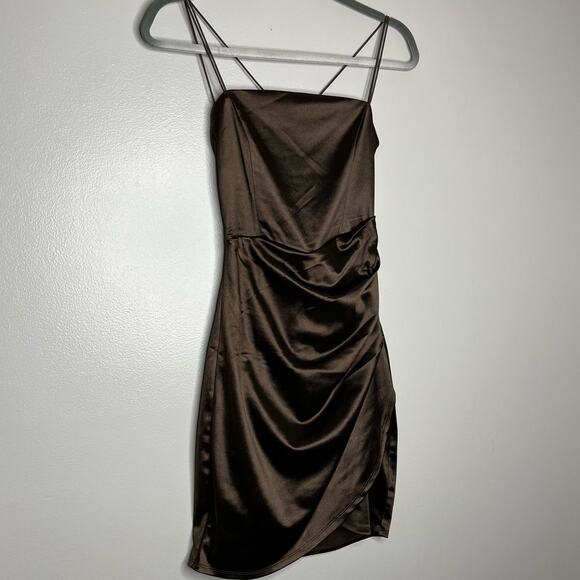 Take Me Higher Chocolate Brown Ruched Satin Strappy Preppy Mini Dress Small - Picture 1 of 5